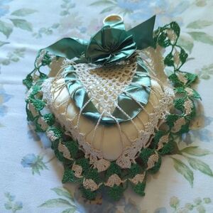 Crochet Vintage Heart Pincushion with Green Accents
